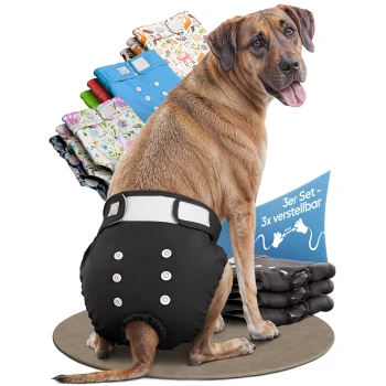 Schwarze Haustierwindeln im Set von drei, mit verstellbaren Riemen und Druckknöpfen, mit einem Etikett, das "3x JUSTIERBAR DEUTSCHE MARKE" liest.