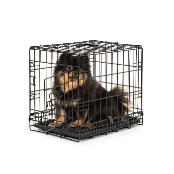 Hundetransportkäfig Tiertransportbox Hundebox Größe (S) 45x31x36 cm S Schwarze Metall-Haustierbox mit offener Tür und herausnehmbarem Kunststofftablett am Boden, entworfen für die Unterbringung von Hunden oder Katzen.