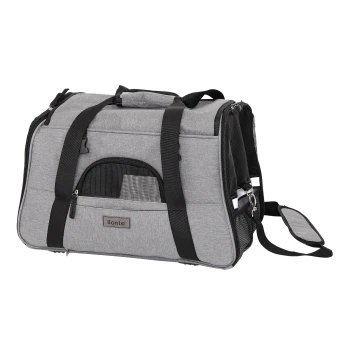 Grau Haustiertragebeutel mit Netzpaneelen, mit einer Fronttasche und einem verstellbaren Schultergurt, beschriftet mit "lionto."
