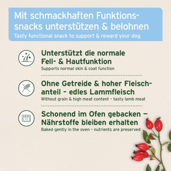 Etikett: 'Leckerer funktionaler Snack zur Unterstützung und Belohnung Ihres Hundes' — unterstützt Haut und Fell; getreidefreies Lamm; ofengebacken; Hagebutten.