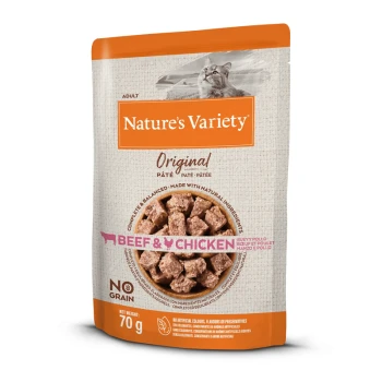 Nature's Variety Original kattenvoer zakje, 70g, met rundvlees en kip pâté, gelabeld "Geen Granen" en "Compleet & Gebalanceerd."