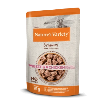 Nature's Variety Original kattenvoer zakje, 70g, met rundvlees en kip pâté, gelabeld "Geen Granen" en "Compleet & Gebalanceerd."