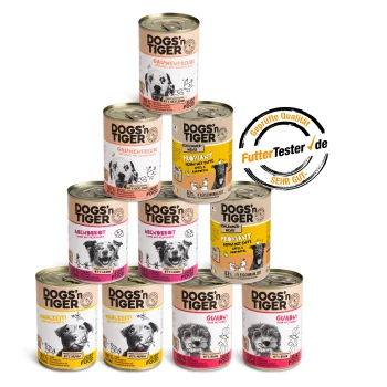 Pyramide von DOGS'n TIGER Tiernahrung Dosen mit den Geschmacksrichtungen Gaumenfreude, Abendbrot und Proviant, mit einem FutterTester.de Qualitätssiegel.