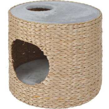 Geweven zeegras cilindrische kattenhut met ronde zijingang, pluche grijs kussen en grijze bovenopening