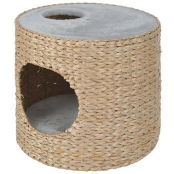 Geweven zeegras cilindrische kattenhut met ronde zijingang, pluche grijs kussen en grijze bovenopening