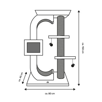 Illustration eines Katzenbaums, 150 cm hoch, 80 cm breit, 45 cm tief, mit einem Kratzbaum, Regalen und hängenden Spielzeugen.