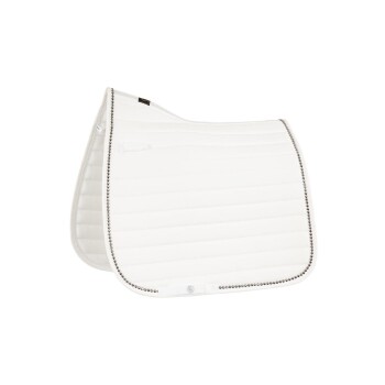 Weißes, gestepptes Sattelpad mit dekorativem silbernen Rand, mit einem Klettverschluss zur Befestigung.