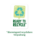 Grünes und blaues "READY TO RECYCLE*"-Label mit einem Recycling-Symbol, begleitet von dem Text "*überwiegend recycelbare Verpackung" darunter.