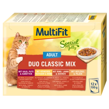 Katze Futterverpackung für MultiFit Special Jelly, mit einer roten Katze, mit Geschmacksrichtungen wie Kalb, Truthahn, Huhn und Lamm.