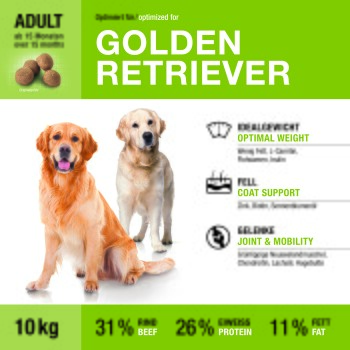 Packungsbild: Hundefutter für erwachsene Golden Retriever, optimiert für Golden Retriever, 10 kg, 31% Rind, 26% Protein, 11% Fett.