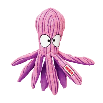Rosa Cord-Plüsch-Oktopus-Spielzeug für Haustiere mit großen Cartoon-Augen und angenähtem 'KONG'-Etikett.