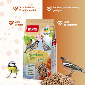 PANTO Beutel mit geschälten Sonnenblumenkernen (Sonnenblumenkerne geschält) mit Vögeln und Saathaufen; deutsche Hinweise 'Ohne Schalen' und 'Zur Ganzjahresfütterung geeignet'
