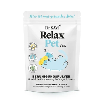 Dr SAM Relax Pet Cat Ergänzungspulverpackung, mit einer Cartoon-Katze, die mit einem Snack schläft, und Text, der die beruhigenden Vorteile hervorhebt.