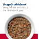 Bol de nourriture pour animaux présentant des morceaux de viande, du riz et des carottes en dés, avec un texte indiquant 'Un goût alléchant auquel les animaux ne résistent pas.'