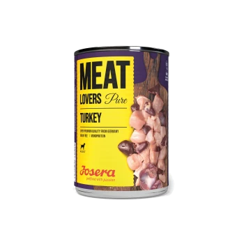 Dosen-Hundefutter "Fleischliebhaber Pure Turkey" mit Truthahnstücken, als getreidefrei und Monoprotein gekennzeichnet, markiert als "Super Premium Qualität aus Deutschland."