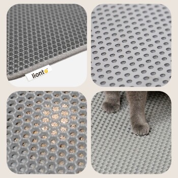 Graue Tiermatte mit einer strukturierten Oberfläche, die runde Löcher aufweist, mit dem Markennamen "lionto" und einer Katzenpfote, die darauf ruht.