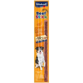 Vitakraft Beef Stick dla psów, z uśmiechniętym psem, z tekstem podkreślającym 90% mięsa, indyka i brak dodatku cukru.