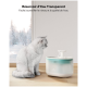 Bild eines PETLIBRO Katzenbrunnens mit einem vierstufigen Filtersystem. Der Text weist auf "Frisches Wasser den ganzen Tag" hin und enthält 4 Filter und Schwämme.