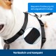Nahaufnahme eines Hundes in einem schwarzen Geschirr mit gepolstertem, atmungsaktivem Design. Text: "Bequeme Polsterung mit atmungsaktivem Design" und "Zuverlässig und kompakt."
