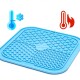 Blaues Haustier-Kühlmatte mit strukturierten Oberflächen, ausgestattet mit Symbolen für kalte und heiße Temperaturen.