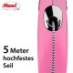 Eine pinke, einziehbare Hundeleine mit einem schwarz-weißen Seil, mit dem Text "5 Meter hochfestes Seil" deutlich angezeigt.