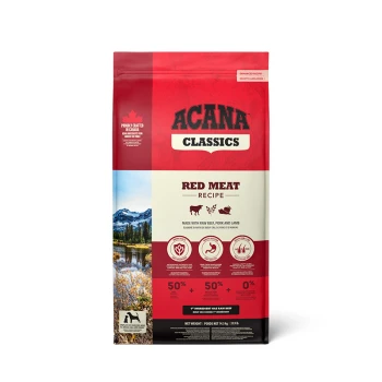 Sac de nourriture pour chien ACANA Classics Red Meat Recipe, présentant un arrière-plan de montagne et de lac pittoresque, mettant en avant les ingrédients : bœuf cru, porc et agneau.