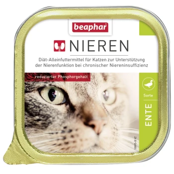 Beaphar Nieren Katzenfutterdose, mit einer Nahaufnahme des Gesichts einer Katze, gekennzeichnet als Diät zur Unterstützung der Nierenfunktion mit reduziertem Phosphorgehalt.