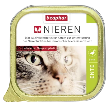Beaphar Nieren Katzenfutterdose, mit einer Nahaufnahme des Gesichts einer Katze, gekennzeichnet als Diät zur Unterstützung der Nierenfunktion mit reduziertem Phosphorgehalt.