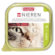 Beaphar Nieren Katzenfutterdose, mit einer Nahaufnahme des Gesichts einer Katze, gekennzeichnet als Diät zur Unterstützung der Nierenfunktion mit reduziertem Phosphorgehalt.