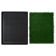 Schwarze Haustier-Trainingsmatte mit einer strukturierten Oberfläche auf der linken Seite und einem Patch aus künstlichem Gras auf der rechten Seite.