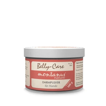 Belly-Care montanus Natur Darmpulver für Hunde, 100g Behälter mit einem roten und beigen Etikett, das den Produktnamen und die Anwendungshinweise zeigt.