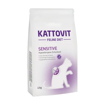 Kattovit Feline Diet Sensitive Katzenfutter, 4 kg Beutel, als hypoallergen gekennzeichnet, ohne Getreide oder Gluten, mit einer Silhouette einer Katze.