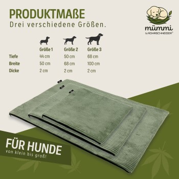 Grüne Cord-Hundebetten in drei Größen mit Maßen in cm, beschriftet mit Größe 1, 2, 3, für kleine bis große Hunde, von mümmi.