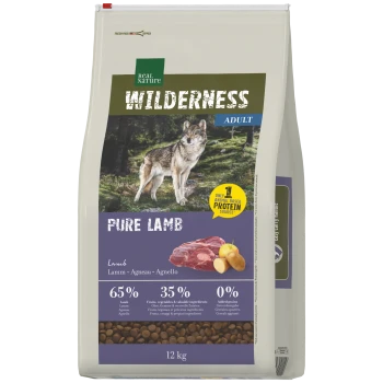 Wilderness Pure Lamb Beutel mit Erwachsenenhundefutter und Wolfbild, 'Real Nature'-Label; 65 % Lamm, 35 % pflanzliche Bestandteile, Einzeltiereiweiß