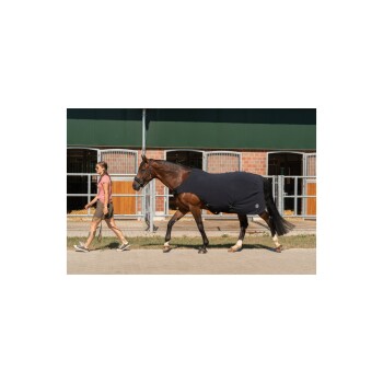 Eine Person führt ein braunes Pferd mit einer schwarzen Decke vor den Ställen, mit sichtbaren Holztüren im Hintergrund.