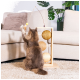 Eine flauschige graue Katze spielt mit einem gelben Ball an einer Schnur, die an einem Holzspielzeug für Katzen befestigt ist, umgeben von einer gemütlichen Wohnzimmeratmosphäre.