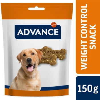 Snack Advance Weight Control pour chiens, paquet de 150 g avec des friandises en forme d'os.