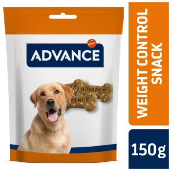 Snack Advance Weight Control pour chiens, paquet de 150 g avec des friandises en forme d'os.