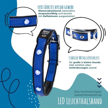 LED-Hundehalsband in Blau mit reflektierenden Elementen, mit Text über den wasserdichten Nylonstoff und den stabilen Metallverschluss für alle Hundetypen.
