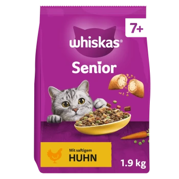 Paarse Whiskas Senior kattenvoedingszak 7+ met kat, bakje brokjes, tekst 'Met sappige kip' en '1,9 kg'.