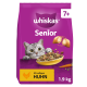 Lila Whiskas Senior Katzenfutterbeutel 7+ mit Katze, Futterschüssel, Text „Mit saftigem Huhn“ und „1,9 kg“