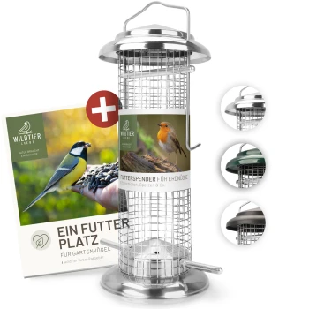 Vogelhausfutterspender für Gartenvögel, mit einem Design aus Metalldraht und einer Werbekarte mit Bildern von Vögeln und dem Text "FUTTERSPENDER FÜR ERDNÜSSE."