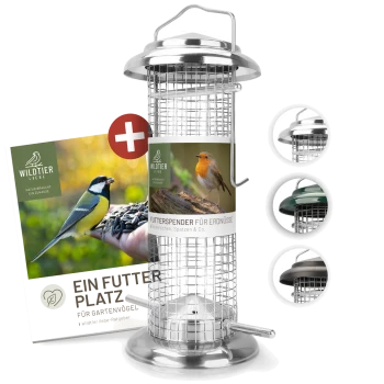 Vogelhausfutterspender für Gartenvögel, mit einem Design aus Metalldraht und einer Werbekarte mit Bildern von Vögeln und dem Text "FUTTERSPENDER FÜR ERDNÜSSE."