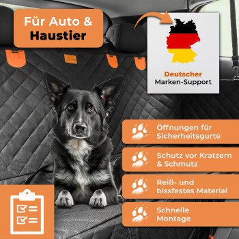 Hund sitzt auf einem Autositzbezug für Haustiere mit Öffnungen für Sicherheitsgurte, Kratzschutz, Reißfestigkeit und einfacher Installation.