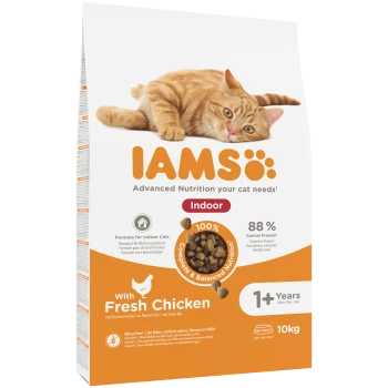 IAMS Indoor Katzenfutterbeutel mit liegendem orangefarbener getigerter Kater, 'IAMS'-Logo, 'Indoor', 'Mit frischem Huhn', ab 1 Jahr, 10 kg.