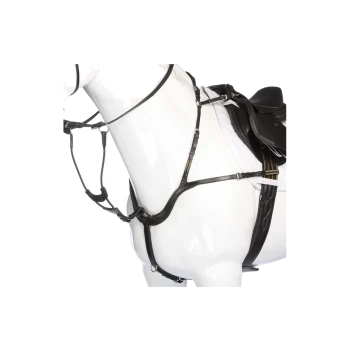 Schwarzes Pferdegeschirr, das auf einem weißen Pferdemodell ausgestellt ist, mit detaillierten Riemen und Schnallen.
