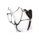 Schwarzes Pferdegeschirr, das auf einem weißen Pferdemodell ausgestellt ist, mit detaillierten Riemen und Schnallen.