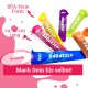 Bunte Eis am Stiel Formen in verschiedenen Farbtönen, beschriftet mit "#ICEPOPS", mit Text, der "BPA-freie Form", "ca. 15 cm lang" und "Mach Dein Eis selbst!" hervorhebt.