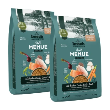 Zwei Tüten Bosch getreidefreies Hundefutter mit Lachs, Gemüse und Kibble-Bildern; Nährwertangaben: 22% Protein, 12% Fett.