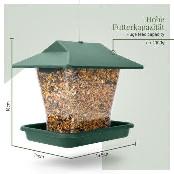 Vogelfutterspender mit grünem Dach und transparentem Futterbehälter (18cm x 14cm x 19.5cm), beschriftet für 1000g Kapazität.